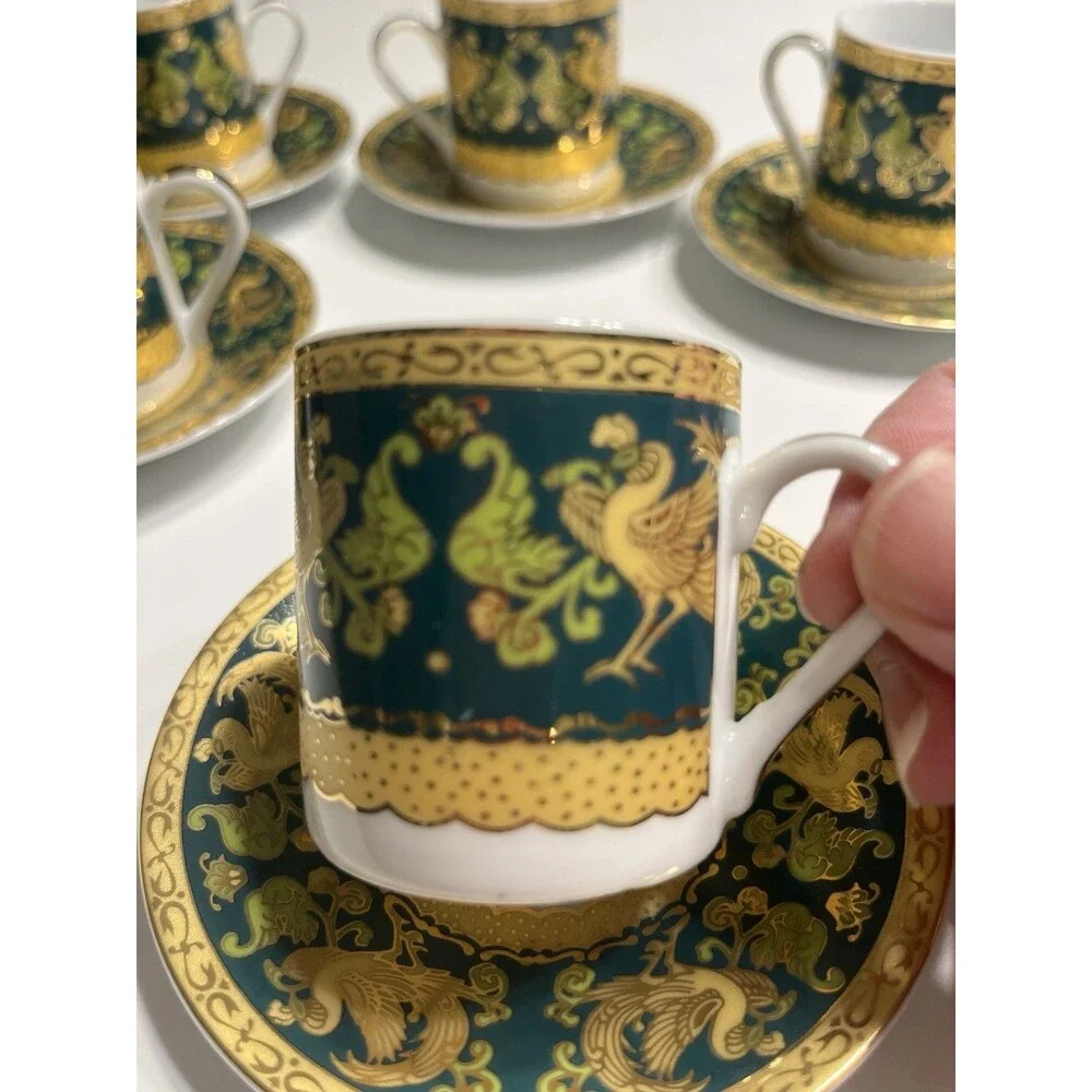 Italy Design Heavy Gold & Green Chicken Rooster Floral Demitasse Cup Saucer 10pc